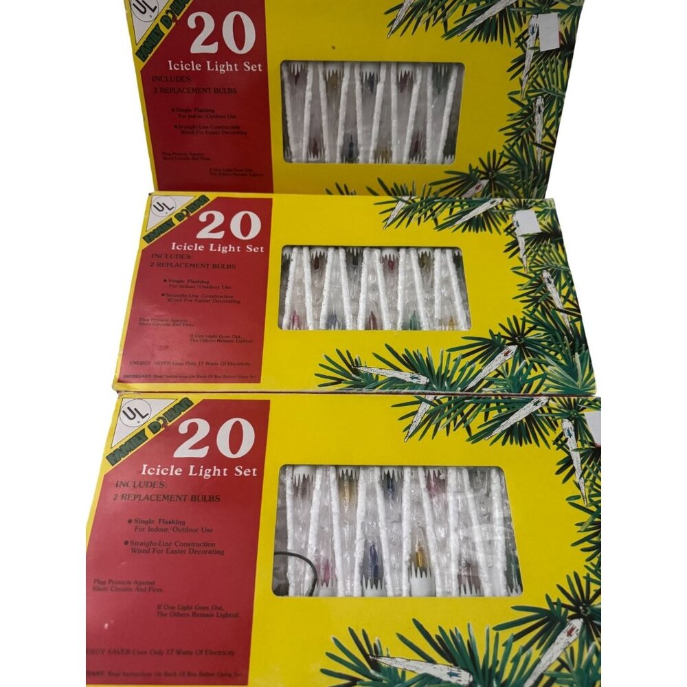 3 Sets Icicle Light Strings 20 each Steady or Twinkle NIB Tested